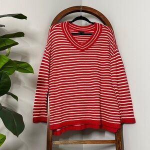 Talbots 2X Red White Striped V Neck Cotton Linen Blend Knit Sweater